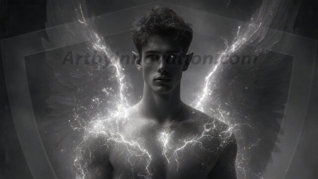 A detailed AI generated photograph featuring a beautiful handsome male angel warrior with ethereal skin and a beautiful body. Imbued with feathered wings, enormous and shimmering, a powerful warrior from the heavens. He possesses a strong, sharp jawline, chiseled muscular torso, pectorals, abs, sleek nose high cheekbones, vibrant eyes, silver earrings. With huge vibrate silver feathered wings, enormous and shimmering, with a radiant hue, reflecting light in a mesmerizing way. Here is a raw, untamed energy that emanates from him. His presence is electrifying, drawing viewers in with his captivating gaze and formidable presence. Perfect face, perfect hands.