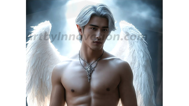 A detailed AI generated photograph featuring a beautiful handsome male angel warrior with ethereal skin and a beautiful body. Imbued with feathered wings, enormous and shimmering, a powerful warrior from the heavens. He possesses a strong, sharp jawline, chiseled muscular torso, pectorals, abs, sleek nose high cheekbones, vibrant eyes, silver earrings. With huge vibrate silver feathered wings, enormous and shimmering, with a radiant hue, reflecting light in a mesmerizing way. Here is a raw, untamed energy that emanates from him. His presence is electrifying, drawing viewers in with his captivating gaze and formidable presence. Perfect face, perfect hands.