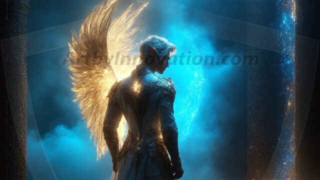 A detailed AI generated photograph featuring a beautiful handsome male angel warrior with ethereal skin and a beautiful body. Imbued with feathered wings, enormous and shimmering, a powerful warrior from the heavens. He possesses a strong, sharp jawline, chiseled muscular torso, pectorals, abs, sleek nose high cheekbones, vibrant eyes, silver earrings. With huge vibrate silver feathered wings, enormous and shimmering, with a radiant hue, reflecting light in a mesmerizing way. Here is a raw, untamed energy that emanates from him. His presence is electrifying, drawing viewers in with his captivating gaze and formidable presence. Perfect face, perfect hands.