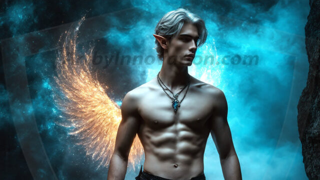 A detailed AI generated photograph featuring a beautiful handsome male angel warrior with ethereal skin and a beautiful body. Imbued with feathered wings, enormous and shimmering, a powerful warrior from the heavens. He possesses a strong, sharp jawline, chiseled muscular torso, pectorals, abs, sleek nose high cheekbones, vibrant eyes, silver earrings. With huge vibrate silver feathered wings, enormous and shimmering, with a radiant hue, reflecting light in a mesmerizing way. Here is a raw, untamed energy that emanates from him. His presence is electrifying, drawing viewers in with his captivating gaze and formidable presence. Perfect face, perfect hands.