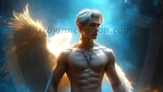 A detailed AI generated photograph featuring a beautiful handsome male angel warrior with ethereal skin and a beautiful body. Imbued with feathered wings, enormous and shimmering, a powerful warrior from the heavens. He possesses a strong, sharp jawline, chiseled muscular torso, pectorals, abs, sleek nose high cheekbones, vibrant eyes, silver earrings. With huge vibrate silver feathered wings, enormous and shimmering, with a radiant hue, reflecting light in a mesmerizing way. Here is a raw, untamed energy that emanates from him. His presence is electrifying, drawing viewers in with his captivating gaze and formidable presence. Perfect face, perfect hands.