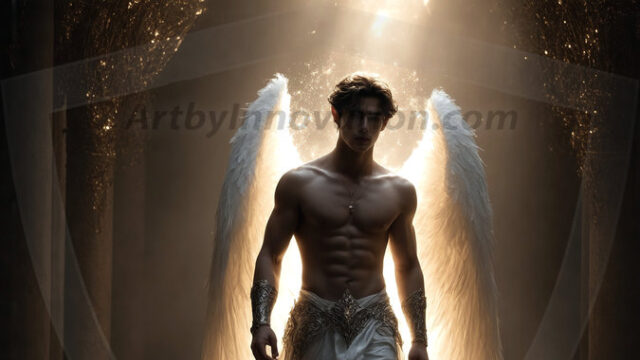 A detailed AI generated photograph featuring a beautiful handsome male angel warrior with ethereal skin and a beautiful body. Imbued with feathered wings, enormous and shimmering, a powerful warrior from the heavens. He possesses a strong, sharp jawline, chiseled muscular torso, pectorals, abs, sleek nose high cheekbones, vibrant eyes, silver earrings. With huge vibrate silver feathered wings, enormous and shimmering, with a radiant hue, reflecting light in a mesmerizing way. Here is a raw, untamed energy that emanates from him. His presence is electrifying, drawing viewers in with his captivating gaze and formidable presence. Perfect face, perfect hands.
