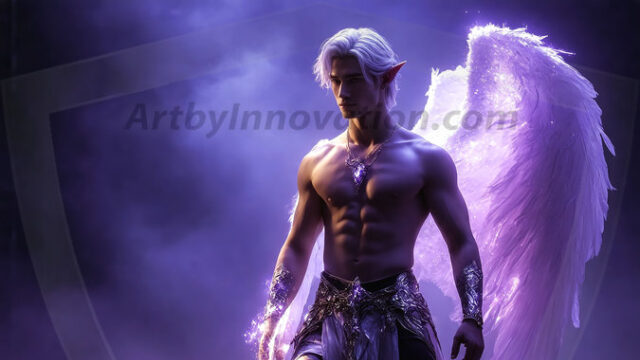 A detailed AI generated photograph featuring a beautiful handsome male angel warrior with ethereal skin and a beautiful body. Imbued with feathered wings, enormous and shimmering, a powerful warrior from the heavens. He possesses a strong, sharp jawline, chiseled muscular torso, pectorals, abs, sleek nose high cheekbones, vibrant eyes, silver earrings. With huge vibrate silver feathered wings, enormous and shimmering, with a radiant hue, reflecting light in a mesmerizing way. Here is a raw, untamed energy that emanates from him. His presence is electrifying, drawing viewers in with his captivating gaze and formidable presence. Perfect face, perfect hands.