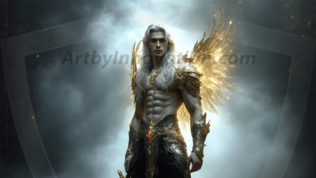 A detailed AI generated photograph featuring a beautiful handsome male angel warrior with ethereal skin and a beautiful body. Imbued with feathered wings, enormous and shimmering, a powerful warrior from the heavens. He possesses a strong, sharp jawline, chiseled muscular torso, pectorals, abs, sleek nose high cheekbones, vibrant eyes, silver earrings. With huge vibrate silver feathered wings, enormous and shimmering, with a radiant hue, reflecting light in a mesmerizing way. Here is a raw, untamed energy that emanates from him. His presence is electrifying, drawing viewers in with his captivating gaze and formidable presence. Perfect face, perfect hands.