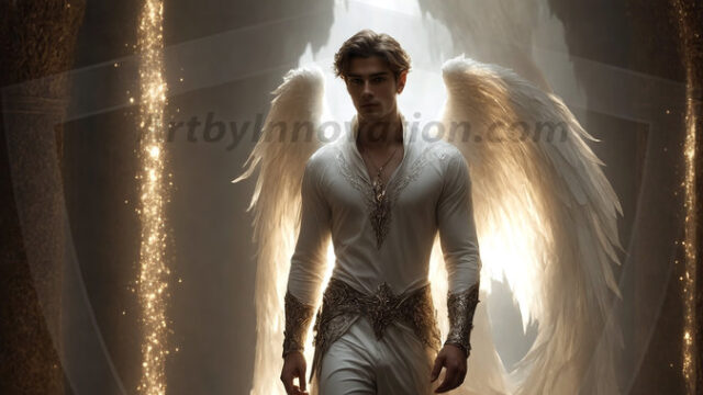 A detailed AI generated photograph featuring a beautiful handsome male angel warrior with ethereal skin and a beautiful body. Imbued with feathered wings, enormous and shimmering, a powerful warrior from the heavens. He possesses a strong, sharp jawline, chiseled muscular torso, pectorals, abs, sleek nose high cheekbones, vibrant eyes, silver earrings. With huge vibrate silver feathered wings, enormous and shimmering, with a radiant hue, reflecting light in a mesmerizing way. Here is a raw, untamed energy that emanates from him. His presence is electrifying, drawing viewers in with his captivating gaze and formidable presence. Perfect face, perfect hands.