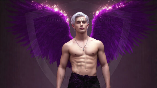 A detailed AI generated photograph featuring a beautiful handsome male angel warrior with ethereal skin and a beautiful body. Imbued with feathered wings, enormous and shimmering, a powerful warrior from the heavens. He possesses a strong, sharp jawline, chiseled muscular torso, pectorals, abs, sleek nose high cheekbones, vibrant eyes, silver earrings. With huge vibrate silver feathered wings, enormous and shimmering, with a radiant hue, reflecting light in a mesmerizing way. Here is a raw, untamed energy that emanates from him. His presence is electrifying, drawing viewers in with his captivating gaze and formidable presence. Perfect face, perfect hands.