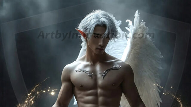 A detailed AI generated photograph featuring a beautiful handsome male angel warrior with ethereal skin and a beautiful body. Imbued with feathered wings, enormous and shimmering, a powerful warrior from the heavens. He possesses a strong, sharp jawline, chiseled muscular torso, pectorals, abs, sleek nose high cheekbones, vibrant eyes, silver earrings. With huge vibrate silver feathered wings, enormous and shimmering, with a radiant hue, reflecting light in a mesmerizing way. Here is a raw, untamed energy that emanates from him. His presence is electrifying, drawing viewers in with his captivating gaze and formidable presence. Perfect face, perfect hands.