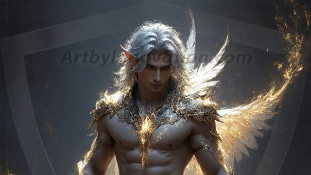 A detailed AI generated photograph featuring a beautiful handsome male angel warrior with ethereal skin and a beautiful body. Imbued with feathered wings, enormous and shimmering, a powerful warrior from the heavens. He possesses a strong, sharp jawline, chiseled muscular torso, pectorals, abs, sleek nose high cheekbones, vibrant eyes, silver earrings. With huge vibrate silver feathered wings, enormous and shimmering, with a radiant hue, reflecting light in a mesmerizing way. Here is a raw, untamed energy that emanates from him. His presence is electrifying, drawing viewers in with his captivating gaze and formidable presence. Perfect face, perfect hands.