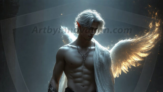 A detailed AI generated photograph featuring a beautiful handsome male angel warrior with ethereal skin and a beautiful body. Imbued with feathered wings, enormous and shimmering, a powerful warrior from the heavens. He possesses a strong, sharp jawline, chiseled muscular torso, pectorals, abs, sleek nose high cheekbones, vibrant eyes, silver earrings. With huge vibrate silver feathered wings, enormous and shimmering, with a radiant hue, reflecting light in a mesmerizing way. Here is a raw, untamed energy that emanates from him. His presence is electrifying, drawing viewers in with his captivating gaze and formidable presence. Perfect face, perfect hands.