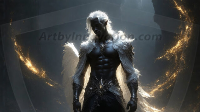 A detailed AI generated photograph featuring a beautiful handsome male angel warrior with ethereal skin and a beautiful body. Imbued with feathered wings, enormous and shimmering, a powerful warrior from the heavens. He possesses a strong, sharp jawline, chiseled muscular torso, pectorals, abs, sleek nose high cheekbones, vibrant eyes, silver earrings. With huge vibrate silver feathered wings, enormous and shimmering, with a radiant hue, reflecting light in a mesmerizing way. Here is a raw, untamed energy that emanates from him. His presence is electrifying, drawing viewers in with his captivating gaze and formidable presence. Perfect face, perfect hands.