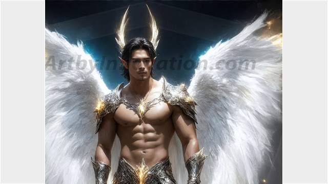 A detailed AI generated photograph featuring a beautiful handsome male angel warrior with ethereal skin and a beautiful body. Imbued with feathered wings, enormous and shimmering, a powerful warrior from the heavens. He possesses a strong, sharp jawline, chiseled muscular torso, pectorals, abs, sleek nose high cheekbones, vibrant eyes, silver earrings. With huge vibrate silver feathered wings, enormous and shimmering, with a radiant hue, reflecting light in a mesmerizing way. Here is a raw, untamed energy that emanates from him. His presence is electrifying, drawing viewers in with his captivating gaze and formidable presence. Perfect face, perfect hands.