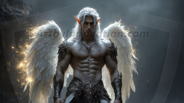 A detailed AI generated photograph featuring a beautiful handsome male angel warrior with ethereal skin and a beautiful body. Imbued with feathered wings, enormous and shimmering, a powerful warrior from the heavens. He possesses a strong, sharp jawline, chiseled muscular torso, pectorals, abs, sleek nose high cheekbones, vibrant eyes, silver earrings. With huge vibrate silver feathered wings, enormous and shimmering, with a radiant hue, reflecting light in a mesmerizing way. Here is a raw, untamed energy that emanates from him. His presence is electrifying, drawing viewers in with his captivating gaze and formidable presence. Perfect face, perfect hands.