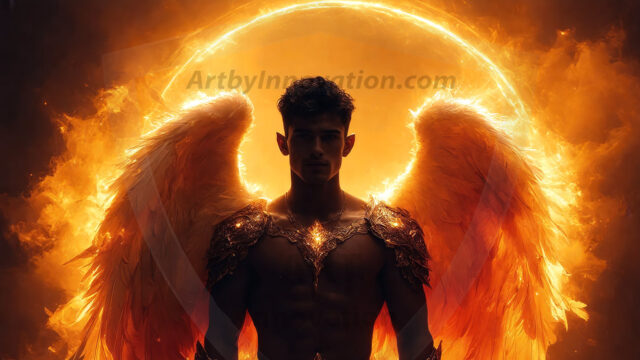 A detailed AI generated photograph featuring a beautiful handsome male angel warrior with ethereal skin and a beautiful body. Imbued with feathered wings, enormous and shimmering, a powerful warrior from the heavens. He possesses a strong, sharp jawline, chiseled muscular torso, pectorals, abs, sleek nose high cheekbones, vibrant eyes, silver earrings. With huge vibrate silver feathered wings, enormous and shimmering, with a radiant hue, reflecting light in a mesmerizing way. Here is a raw, untamed energy that emanates from him. His presence is electrifying, drawing viewers in with his captivating gaze and formidable presence. Perfect face, perfect hands.