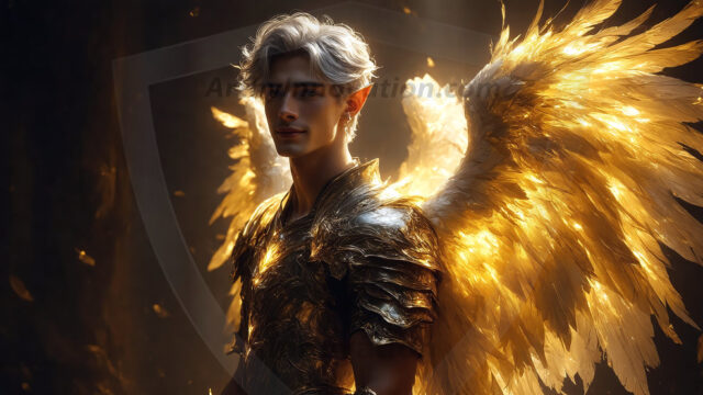 A detailed AI generated photograph featuring a beautiful handsome male angel warrior with ethereal skin and a beautiful body. Imbued with feathered wings, enormous and shimmering, a powerful warrior from the heavens. He possesses a strong, sharp jawline, chiseled muscular torso, pectorals, abs, sleek nose high cheekbones, vibrant eyes, silver earrings. With huge vibrate silver feathered wings, enormous and shimmering, with a radiant hue, reflecting light in a mesmerizing way. Here is a raw, untamed energy that emanates from him. His presence is electrifying, drawing viewers in with his captivating gaze and formidable presence. Perfect face, perfect hands.
