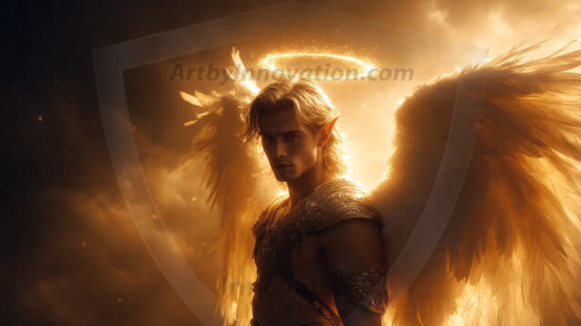 A detailed AI generated photograph featuring a beautiful handsome male angel warrior with ethereal skin and a beautiful body. Imbued with feathered wings, enormous and shimmering, a powerful warrior from the heavens. He possesses a strong, sharp jawline, chiseled muscular torso, pectorals, abs, sleek nose high cheekbones, vibrant eyes, silver earrings. With huge vibrate silver feathered wings, enormous and shimmering, with a radiant hue, reflecting light in a mesmerizing way. Here is a raw, untamed energy that emanates from him. His presence is electrifying, drawing viewers in with his captivating gaze and formidable presence. Perfect face, perfect hands.