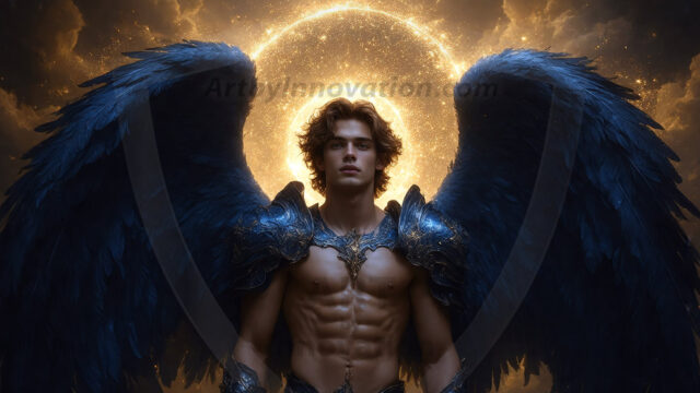 A detailed AI generated photograph featuring a beautiful handsome male angel warrior with ethereal skin and a beautiful body. Imbued with feathered wings, enormous and shimmering, a powerful warrior from the heavens. He possesses a strong, sharp jawline, chiseled muscular torso, pectorals, abs, sleek nose high cheekbones, vibrant eyes, silver earrings. With huge vibrate silver feathered wings, enormous and shimmering, with a radiant hue, reflecting light in a mesmerizing way. Here is a raw, untamed energy that emanates from him. His presence is electrifying, drawing viewers in with his captivating gaze and formidable presence. Perfect face, perfect hands.