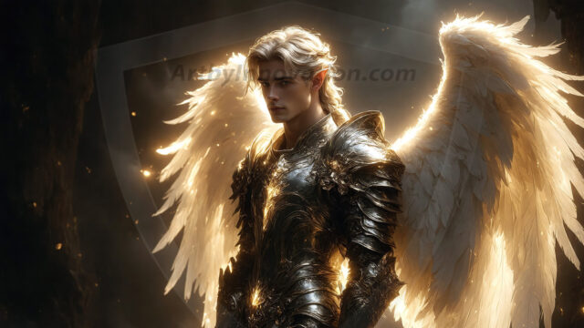 A detailed AI generated photograph featuring a beautiful handsome male angel warrior with ethereal skin and a beautiful body. Imbued with feathered wings, enormous and shimmering, a powerful warrior from the heavens. He possesses a strong, sharp jawline, chiseled muscular torso, pectorals, abs, sleek nose high cheekbones, vibrant eyes, silver earrings. With huge vibrate silver feathered wings, enormous and shimmering, with a radiant hue, reflecting light in a mesmerizing way. Here is a raw, untamed energy that emanates from him. His presence is electrifying, drawing viewers in with his captivating gaze and formidable presence. Perfect face, perfect hands.