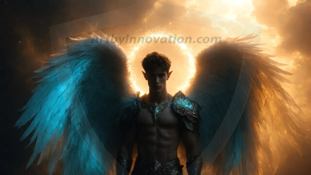 A detailed AI generated photograph featuring a beautiful handsome male angel warrior with ethereal skin and a beautiful body. Imbued with feathered wings, enormous and shimmering, a powerful warrior from the heavens. He possesses a strong, sharp jawline, chiseled muscular torso, pectorals, abs, sleek nose high cheekbones, vibrant eyes, silver earrings. With huge vibrate silver feathered wings, enormous and shimmering, with a radiant hue, reflecting light in a mesmerizing way. Here is a raw, untamed energy that emanates from him. His presence is electrifying, drawing viewers in with his captivating gaze and formidable presence. Perfect face, perfect hands.