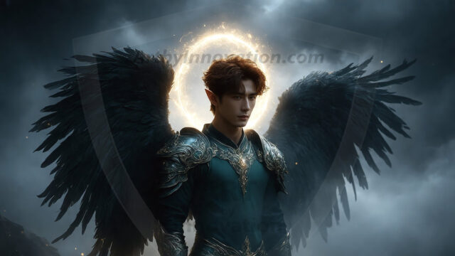 A detailed AI generated photograph featuring a beautiful handsome male angel warrior with ethereal skin and a beautiful body. Imbued with feathered wings, enormous and shimmering, a powerful warrior from the heavens. He possesses a strong, sharp jawline, chiseled muscular torso, pectorals, abs, sleek nose high cheekbones, vibrant eyes, silver earrings. With huge vibrate silver feathered wings, enormous and shimmering, with a radiant hue, reflecting light in a mesmerizing way. Here is a raw, untamed energy that emanates from him. His presence is electrifying, drawing viewers in with his captivating gaze and formidable presence. Perfect face, perfect hands.