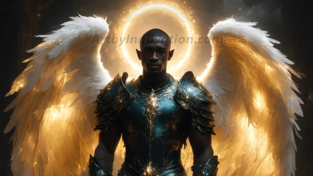 A detailed AI generated photograph featuring a beautiful handsome male angel warrior with ethereal skin and a beautiful body. Imbued with feathered wings, enormous and shimmering, a powerful warrior from the heavens. He possesses a strong, sharp jawline, chiseled muscular torso, pectorals, abs, sleek nose high cheekbones, vibrant eyes, silver earrings. With huge vibrate silver feathered wings, enormous and shimmering, with a radiant hue, reflecting light in a mesmerizing way. Here is a raw, untamed energy that emanates from him. His presence is electrifying, drawing viewers in with his captivating gaze and formidable presence. Perfect face, perfect hands.