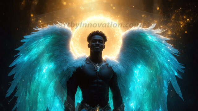A detailed AI generated photograph featuring a beautiful handsome male angel warrior with ethereal skin and a beautiful body. Imbued with feathered wings, enormous and shimmering, a powerful warrior from the heavens. He possesses a strong, sharp jawline, chiseled muscular torso, pectorals, abs, sleek nose high cheekbones, vibrant eyes, silver earrings. With huge vibrate silver feathered wings, enormous and shimmering, with a radiant hue, reflecting light in a mesmerizing way. Here is a raw, untamed energy that emanates from him. His presence is electrifying, drawing viewers in with his captivating gaze and formidable presence. Perfect face, perfect hands.