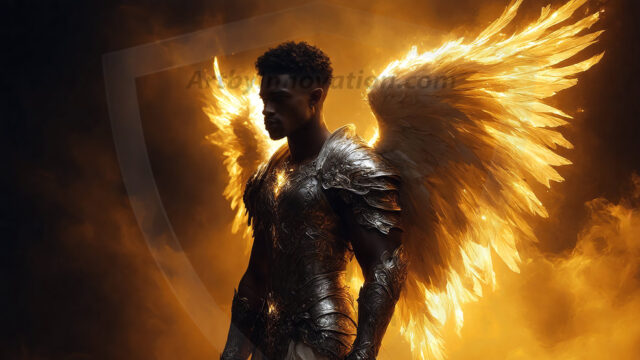 A detailed AI generated photograph featuring a beautiful handsome male angel warrior with ethereal skin and a beautiful body. Imbued with feathered wings, enormous and shimmering, a powerful warrior from the heavens. He possesses a strong, sharp jawline, chiseled muscular torso, pectorals, abs, sleek nose high cheekbones, vibrant eyes, silver earrings. With huge vibrate silver feathered wings, enormous and shimmering, with a radiant hue, reflecting light in a mesmerizing way. Here is a raw, untamed energy that emanates from him. His presence is electrifying, drawing viewers in with his captivating gaze and formidable presence. Perfect face, perfect hands.