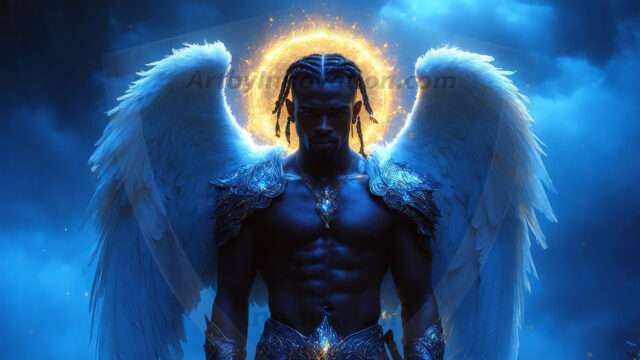 A detailed AI generated photograph featuring a beautiful handsome male angel warrior with ethereal skin and a beautiful body. Imbued with feathered wings, enormous and shimmering, a powerful warrior from the heavens. He possesses a strong, sharp jawline, chiseled muscular torso, pectorals, abs, sleek nose high cheekbones, vibrant eyes, silver earrings. With huge vibrate silver feathered wings, enormous and shimmering, with a radiant hue, reflecting light in a mesmerizing way. Here is a raw, untamed energy that emanates from him. His presence is electrifying, drawing viewers in with his captivating gaze and formidable presence. Perfect face, perfect hands.