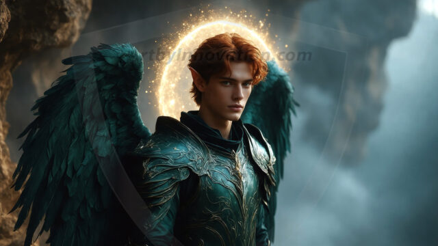 A detailed AI generated photograph featuring a beautiful handsome male angel warrior with ethereal skin and a beautiful body. Imbued with feathered wings, enormous and shimmering, a powerful warrior from the heavens. He possesses a strong, sharp jawline, chiseled muscular torso, pectorals, abs, sleek nose high cheekbones, vibrant eyes, silver earrings. With huge vibrate silver feathered wings, enormous and shimmering, with a radiant hue, reflecting light in a mesmerizing way. Here is a raw, untamed energy that emanates from him. His presence is electrifying, drawing viewers in with his captivating gaze and formidable presence. Perfect face, perfect hands.