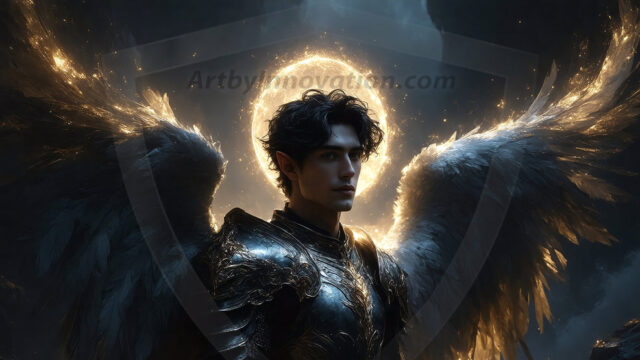 A detailed AI generated photograph featuring a beautiful handsome male angel warrior with ethereal skin and a beautiful body. Imbued with feathered wings, enormous and shimmering, a powerful warrior from the heavens. He possesses a strong, sharp jawline, chiseled muscular torso, pectorals, abs, sleek nose high cheekbones, vibrant eyes, silver earrings. With huge vibrate silver feathered wings, enormous and shimmering, with a radiant hue, reflecting light in a mesmerizing way. Here is a raw, untamed energy that emanates from him. His presence is electrifying, drawing viewers in with his captivating gaze and formidable presence. Perfect face, perfect hands.