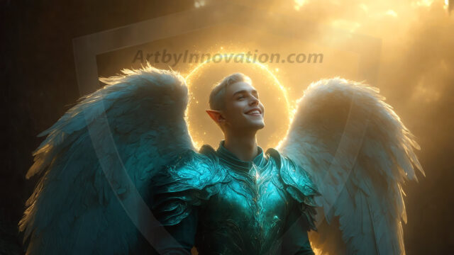 A detailed AI generated photograph featuring a beautiful handsome male angel warrior with ethereal skin and a beautiful body. Imbued with feathered wings, enormous and shimmering, a powerful warrior from the heavens. He possesses a strong, sharp jawline, chiseled muscular torso, pectorals, abs, sleek nose high cheekbones, vibrant eyes, silver earrings. With huge vibrate silver feathered wings, enormous and shimmering, with a radiant hue, reflecting light in a mesmerizing way. Here is a raw, untamed energy that emanates from him. His presence is electrifying, drawing viewers in with his captivating gaze and formidable presence. Perfect face, perfect hands.