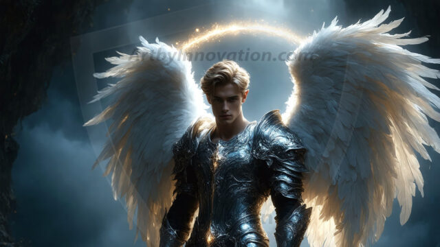 A detailed AI generated photograph featuring a beautiful handsome male angel warrior with ethereal skin and a beautiful body. Imbued with feathered wings, enormous and shimmering, a powerful warrior from the heavens. He possesses a strong, sharp jawline, chiseled muscular torso, pectorals, abs, sleek nose high cheekbones, vibrant eyes, silver earrings. With huge vibrate silver feathered wings, enormous and shimmering, with a radiant hue, reflecting light in a mesmerizing way. Here is a raw, untamed energy that emanates from him. His presence is electrifying, drawing viewers in with his captivating gaze and formidable presence. Perfect face, perfect hands.