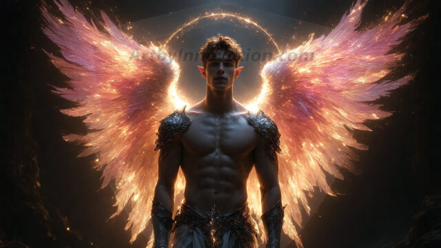 A detailed AI generated photograph featuring a beautiful handsome male angel warrior with ethereal skin and a beautiful body. Imbued with feathered wings, enormous and shimmering, a powerful warrior from the heavens. He possesses a strong, sharp jawline, chiseled muscular torso, pectorals, abs, sleek nose high cheekbones, vibrant eyes, silver earrings. With huge vibrate silver feathered wings, enormous and shimmering, with a radiant hue, reflecting light in a mesmerizing way. Here is a raw, untamed energy that emanates from him. His presence is electrifying, drawing viewers in with his captivating gaze and formidable presence. Perfect face, perfect hands.