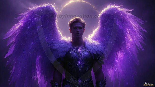 A detailed AI generated photograph featuring a beautiful handsome male angel warrior with ethereal skin and a beautiful body. Imbued with feathered wings, enormous and shimmering, a powerful warrior from the heavens. He possesses a strong, sharp jawline, chiseled muscular torso, pectorals, abs, sleek nose high cheekbones, vibrant eyes, silver earrings. With huge vibrate silver feathered wings, enormous and shimmering, with a radiant hue, reflecting light in a mesmerizing way. Here is a raw, untamed energy that emanates from him. His presence is electrifying, drawing viewers in with his captivating gaze and formidable presence. Perfect face, perfect hands.