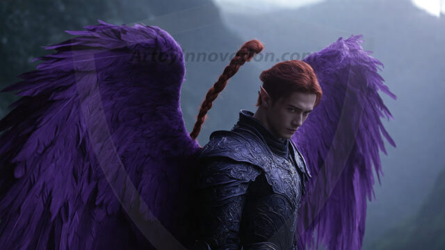 A detailed AI generated photograph featuring a beautiful handsome male angel warrior with ethereal skin and a beautiful body. Imbued with feathered wings, enormous and shimmering, a powerful warrior from the heavens. He possesses a strong, sharp jawline, chiseled muscular torso, pectorals, abs, sleek nose high cheekbones, vibrant eyes, silver earrings. With huge vibrate silver feathered wings, enormous and shimmering, with a radiant hue, reflecting light in a mesmerizing way. Here is a raw, untamed energy that emanates from him. His presence is electrifying, drawing viewers in with his captivating gaze and formidable presence. Perfect face, perfect hands.