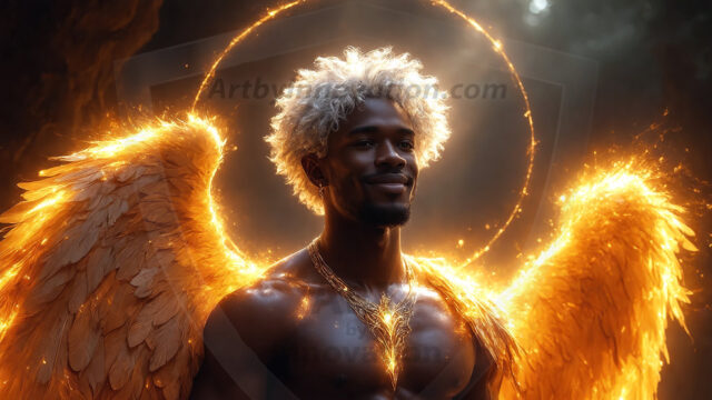 A detailed AI generated photograph featuring a beautiful handsome male angel warrior with ethereal skin and a beautiful body. Imbued with feathered wings, enormous and shimmering, a powerful warrior from the heavens. He possesses a strong, sharp jawline, chiseled muscular torso, pectorals, abs, sleek nose high cheekbones, vibrant eyes, silver earrings. With huge vibrate silver feathered wings, enormous and shimmering, with a radiant hue, reflecting light in a mesmerizing way. Here is a raw, untamed energy that emanates from him. His presence is electrifying, drawing viewers in with his captivating gaze and formidable presence. Perfect face, perfect hands.