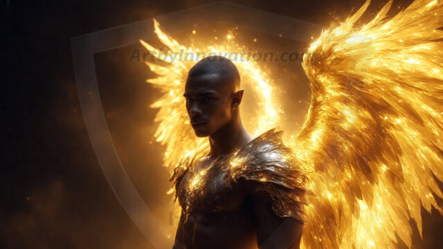 A detailed AI generated photograph featuring a beautiful handsome male angel warrior with ethereal skin and a beautiful body. Imbued with feathered wings, enormous and shimmering, a powerful warrior from the heavens. He possesses a strong, sharp jawline, chiseled muscular torso, pectorals, abs, sleek nose high cheekbones, vibrant eyes, silver earrings. With huge vibrate silver feathered wings, enormous and shimmering, with a radiant hue, reflecting light in a mesmerizing way. Here is a raw, untamed energy that emanates from him. His presence is electrifying, drawing viewers in with his captivating gaze and formidable presence. Perfect face, perfect hands.