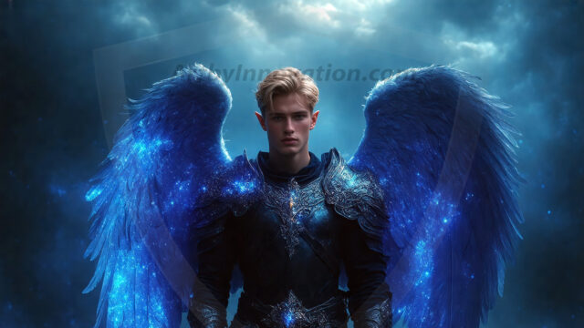 A detailed AI generated photograph featuring a beautiful handsome male angel warrior with ethereal skin and a beautiful body. Imbued with feathered wings, enormous and shimmering, a powerful warrior from the heavens. He possesses a strong, sharp jawline, chiseled muscular torso, pectorals, abs, sleek nose high cheekbones, vibrant eyes, silver earrings. With huge vibrate silver feathered wings, enormous and shimmering, with a radiant hue, reflecting light in a mesmerizing way. Here is a raw, untamed energy that emanates from him. His presence is electrifying, drawing viewers in with his captivating gaze and formidable presence. Perfect face, perfect hands.