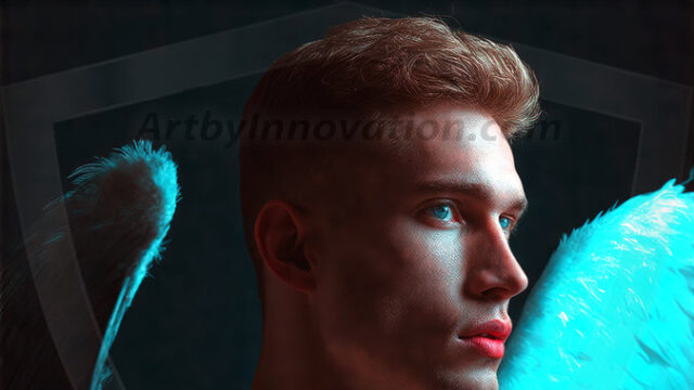 A detailed AI generated photograph featuring a beautiful handsome male angel warrior with ethereal skin and a beautiful body. Imbued with feathered wings, enormous and shimmering, a powerful warrior from the heavens. He possesses a strong, sharp jawline, chiseled muscular torso, pectorals, abs, sleek nose high cheekbones, vibrant eyes, silver earrings. With huge vibrate silver feathered wings, enormous and shimmering, with a radiant hue, reflecting light in a mesmerizing way. Here is a raw, untamed energy that emanates from him. His presence is electrifying, drawing viewers in with his captivating gaze and formidable presence. Perfect face, perfect hands.