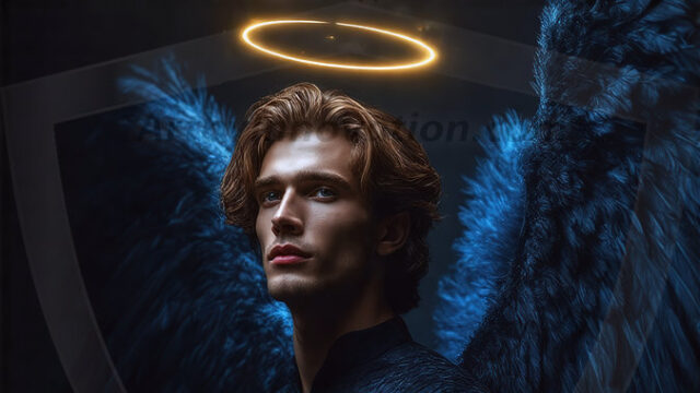 A detailed AI generated photograph featuring a beautiful handsome male angel warrior with ethereal skin and a beautiful body. Imbued with feathered wings, enormous and shimmering, a powerful warrior from the heavens. He possesses a strong, sharp jawline, chiseled muscular torso, pectorals, abs, sleek nose high cheekbones, vibrant eyes, silver earrings. With huge vibrate silver feathered wings, enormous and shimmering, with a radiant hue, reflecting light in a mesmerizing way. Here is a raw, untamed energy that emanates from him. His presence is electrifying, drawing viewers in with his captivating gaze and formidable presence. Perfect face, perfect hands.