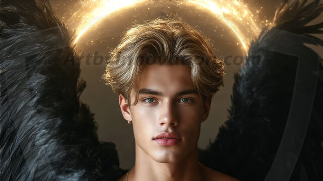 A detailed AI generated photograph featuring a beautiful handsome male angel warrior with ethereal skin and a beautiful body. Imbued with feathered wings, enormous and shimmering, a powerful warrior from the heavens. He possesses a strong, sharp jawline, chiseled muscular torso, pectorals, abs, sleek nose high cheekbones, vibrant eyes, silver earrings. With huge vibrate silver feathered wings, enormous and shimmering, with a radiant hue, reflecting light in a mesmerizing way. Here is a raw, untamed energy that emanates from him. His presence is electrifying, drawing viewers in with his captivating gaze and formidable presence. Perfect face, perfect hands.