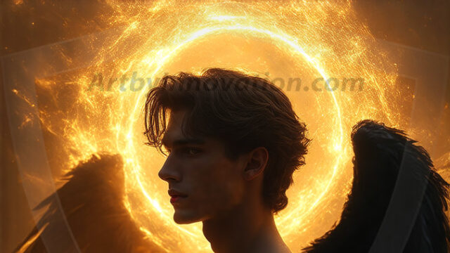 A detailed AI generated photograph featuring a beautiful handsome male angel warrior with ethereal skin and a beautiful body. Imbued with feathered wings, enormous and shimmering, a powerful warrior from the heavens. He possesses a strong, sharp jawline, chiseled muscular torso, pectorals, abs, sleek nose high cheekbones, vibrant eyes, silver earrings. With huge vibrate silver feathered wings, enormous and shimmering, with a radiant hue, reflecting light in a mesmerizing way. Here is a raw, untamed energy that emanates from him. His presence is electrifying, drawing viewers in with his captivating gaze and formidable presence. Perfect face, perfect hands.