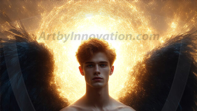 A detailed AI generated photograph featuring a beautiful handsome male angel warrior with ethereal skin and a beautiful body. Imbued with feathered wings, enormous and shimmering, a powerful warrior from the heavens. He possesses a strong, sharp jawline, chiseled muscular torso, pectorals, abs, sleek nose high cheekbones, vibrant eyes, silver earrings. With huge vibrate silver feathered wings, enormous and shimmering, with a radiant hue, reflecting light in a mesmerizing way. Here is a raw, untamed energy that emanates from him. His presence is electrifying, drawing viewers in with his captivating gaze and formidable presence. Perfect face, perfect hands.