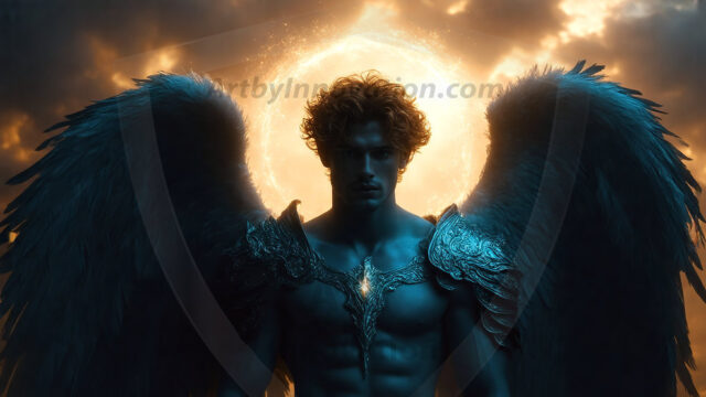 A detailed AI generated photograph featuring a beautiful handsome male angel warrior with ethereal skin and a beautiful body. Imbued with feathered wings, enormous and shimmering, a powerful warrior from the heavens. He possesses a strong, sharp jawline, chiseled muscular torso, pectorals, abs, sleek nose high cheekbones, vibrant eyes, silver earrings. With huge vibrate silver feathered wings, enormous and shimmering, with a radiant hue, reflecting light in a mesmerizing way. Here is a raw, untamed energy that emanates from him. His presence is electrifying, drawing viewers in with his captivating gaze and formidable presence. Perfect face, perfect hands.