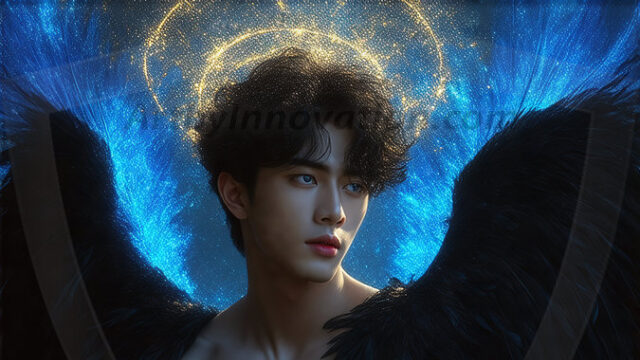 A detailed AI generated photograph featuring a beautiful handsome male angel warrior with ethereal skin and a beautiful body. Imbued with feathered wings, enormous and shimmering, a powerful warrior from the heavens. He possesses a strong, sharp jawline, chiseled muscular torso, pectorals, abs, sleek nose high cheekbones, vibrant eyes, silver earrings. With huge vibrate silver feathered wings, enormous and shimmering, with a radiant hue, reflecting light in a mesmerizing way. Here is a raw, untamed energy that emanates from him. His presence is electrifying, drawing viewers in with his captivating gaze and formidable presence. Perfect face, perfect hands.