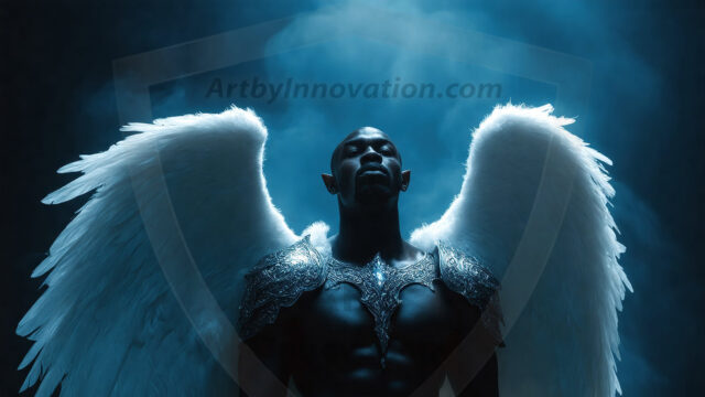 A detailed AI generated photograph featuring a beautiful handsome male angel warrior with ethereal skin and a beautiful body. Imbued with feathered wings, enormous and shimmering, a powerful warrior from the heavens. He possesses a strong, sharp jawline, chiseled muscular torso, pectorals, abs, sleek nose high cheekbones, vibrant eyes, silver earrings. With huge vibrate silver feathered wings, enormous and shimmering, with a radiant hue, reflecting light in a mesmerizing way. Here is a raw, untamed energy that emanates from him. His presence is electrifying, drawing viewers in with his captivating gaze and formidable presence. Perfect face, perfect hands.