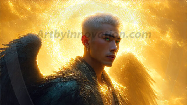 A detailed AI generated photograph featuring a beautiful handsome male angel warrior with ethereal skin and a beautiful body. Imbued with feathered wings, enormous and shimmering, a powerful warrior from the heavens. He possesses a strong, sharp jawline, chiseled muscular torso, pectorals, abs, sleek nose high cheekbones, vibrant eyes, silver earrings. With huge vibrate silver feathered wings, enormous and shimmering, with a radiant hue, reflecting light in a mesmerizing way. Here is a raw, untamed energy that emanates from him. His presence is electrifying, drawing viewers in with his captivating gaze and formidable presence. Perfect face, perfect hands.