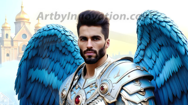 Male Angels of the Holy Divine - The Mighty & The Powerful: AI Fantasy Photos of Handsome Male Angels in Elegant Divine Armor, living in the golden city, with Vibrant Holy Wings. AI generated fantasy photos, of handsome male warrior angels, in divine armor with vibrant holy wings. Wearing ethereal or plate holy armor, and glistening golden gilded jewelry, emphasizing his god-like stature, vibrantly colored. Possessing grand feathered wings, that look like swords, these angel warriors are ready to battle on God's command. With men of all ages, races, and body types. In a city of gold, spiritual wonder city in the heavens, with ornate gold buildings, majestic gold architecture, ethereal cityscapes, and mystical waterfalls.