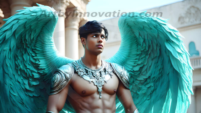 Male Angels of the Holy Divine - The Mighty & The Powerful: AI Fantasy Photos of Handsome Male Angels in Elegant Divine Armor, living in the golden city, with Vibrant Holy Wings. AI generated fantasy photos, of handsome male warrior angels, in divine armor with vibrant holy wings. Wearing ethereal or plate holy armor, and glistening golden gilded jewelry, emphasizing his god-like stature, vibrantly colored. Possessing grand feathered wings, that look like swords, these angel warriors are ready to battle on God's command. With men of all ages, races, and body types. In a city of gold, spiritual wonder city in the heavens, with ornate gold buildings, majestic gold architecture, ethereal cityscapes, and mystical waterfalls.