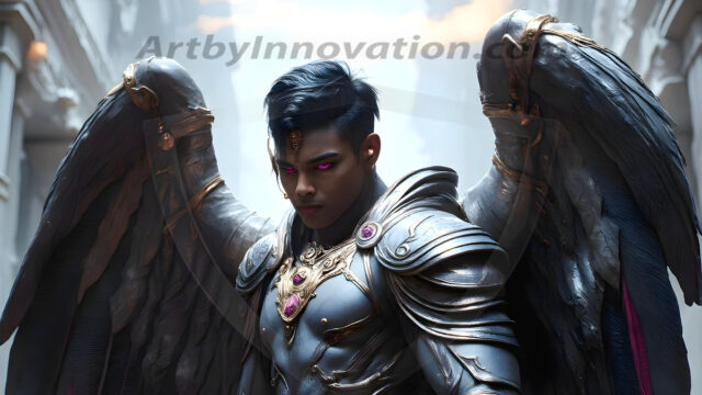 Male Angels of the Holy Divine - The Mighty & The Powerful: AI Fantasy Photos of Handsome Male Angels in Elegant Divine Armor, living in the golden city, with Vibrant Holy Wings. AI generated fantasy photos, of handsome male warrior angels, in divine armor with vibrant holy wings. Wearing ethereal or plate holy armor, and glistening golden gilded jewelry, emphasizing his god-like stature, vibrantly colored. Possessing grand feathered wings, that look like swords, these angel warriors are ready to battle on God's command. With men of all ages, races, and body types. In a city of gold, spiritual wonder city in the heavens, with ornate gold buildings, majestic gold architecture, ethereal cityscapes, and mystical waterfalls.