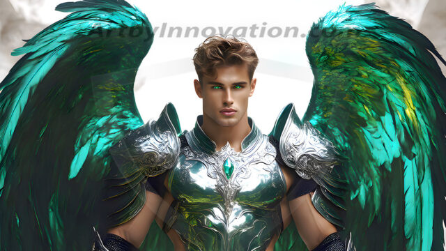 Male Angels of the Holy Divine - The Mighty & The Powerful: AI Fantasy Photos of Handsome Male Angels in Elegant Divine Armor, living in the golden city, with Vibrant Holy Wings. AI generated fantasy photos, of handsome male warrior angels, in divine armor with vibrant holy wings. Wearing ethereal or plate holy armor, and glistening golden gilded jewelry, emphasizing his god-like stature, vibrantly colored. Possessing grand feathered wings, that look like swords, these angel warriors are ready to battle on God's command. With men of all ages, races, and body types. In a city of gold, spiritual wonder city in the heavens, with ornate gold buildings, majestic gold architecture, ethereal cityscapes, and mystical waterfalls.